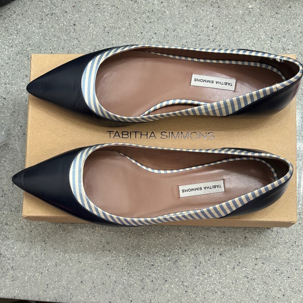 Tabitha Simmons Navy Flats with Striped Accents